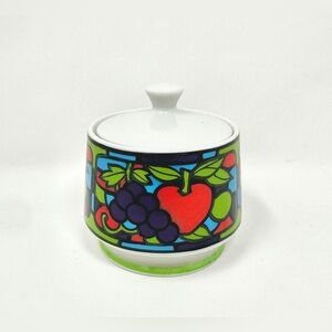 70’s Sugar Bowl + Lid by Staedler with Stained Glass inspired Fruit Illustration